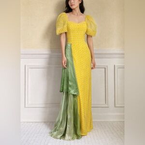 1930s True Vintage Terno Filipiana Puff Sleeve Eyelet Gown with Satin Draping